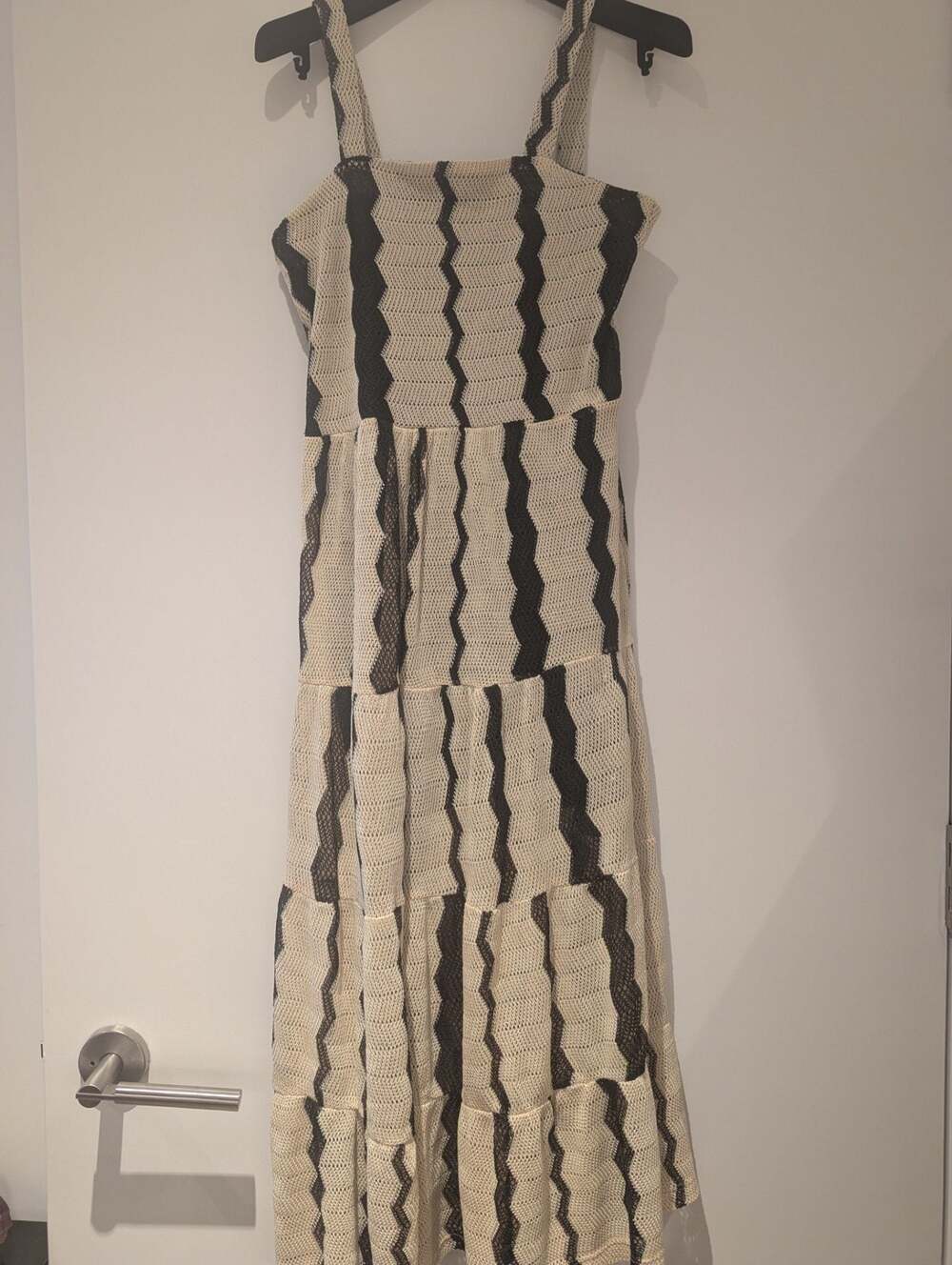 Zara Open-Knit Zigzag Crochet Tiered Midi Dress in Ecru and Black